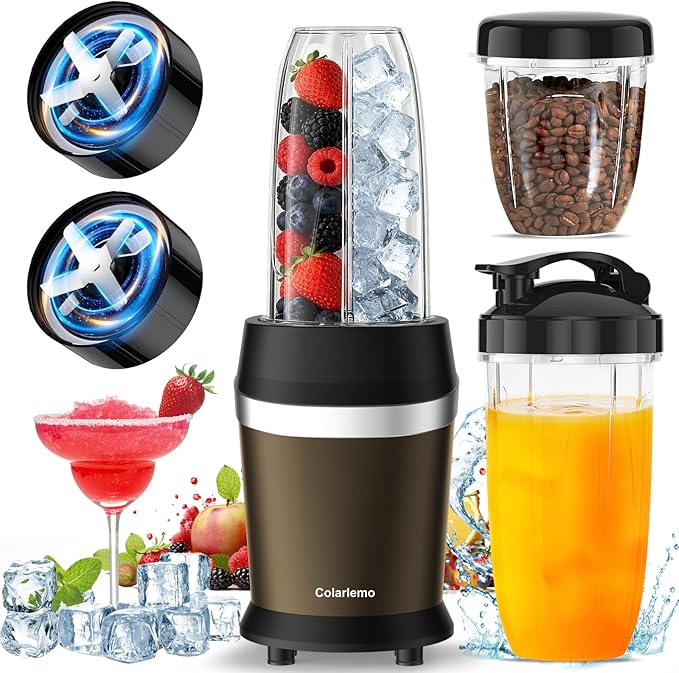 Colarlemo 1200W Smoothie Blender, Personal Kitchen Blender, Ice Crushing | 25000 RPM, Dishwasher Safe, 12Pcs, 6-Leaf Blade×2, 3 Cup Sizes, Smoothie Maker Grinder Frozen Drinks Nuts, Coffee