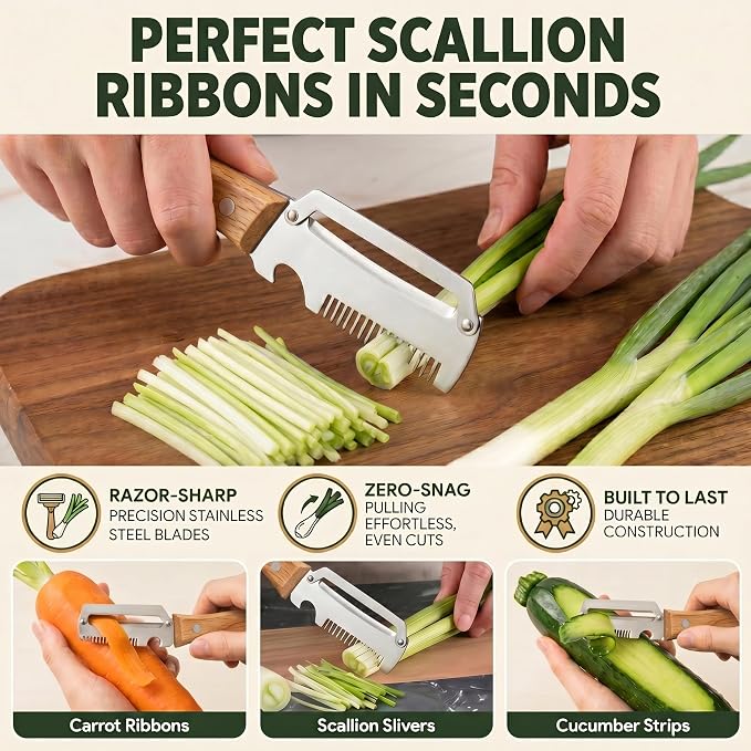 All-in-One Vegetable Peeler for Kitchen: Scallion Shredder | Stainless Steel Wooden Handle - Includes Bottle Opener Grater Dish Cloth & Hook - Multi-Functional for Potatoes