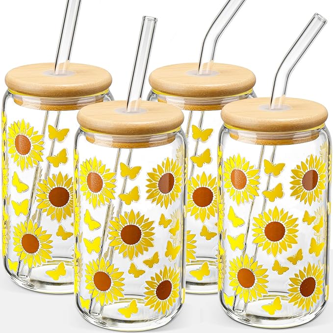 DWTS DANWEITESI Glass Cups with Lids and Straws with Design Sunflower 4 pcs,Clear Glass Cups 16 oz-Drinking Glasses Set,Glass Tumbler,Cute Design Glass Iced Coffee Cups with Lids and Straws 480ml