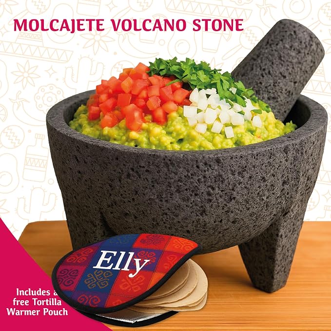 Mexican Molcajete 8in, Handmade with Natural Volcanic Stone, Mortar and Pestle Set for Guacamole, Spices, Salsa, Pesto & More, Authentic Lava Rock, Includes Free Tortilla Warmer