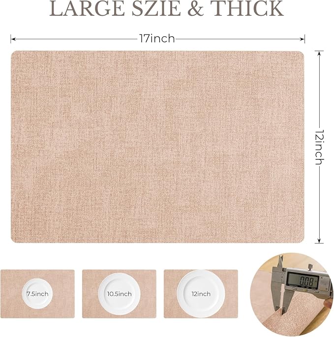 Romanstile Vinyl Placemats Set of 4-12 X 17 Inch - Faux Leather 100% Waterproof Wipeable Anti Slip Place Mats, Heat Resistant Reversible PU Table Mats for Kitchen Dining Party Outdoor, Pink