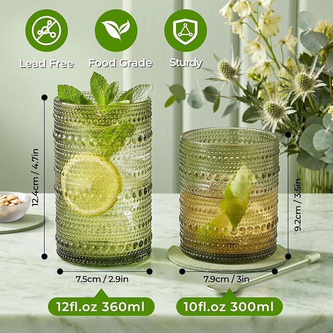 Hobnail Drinking Glasses Set of 12 Kitchen Glass Cups Glassware, Green | 12 oz Highball Glasses & 10 oz Cocktail Glasses, Clear Embossed Glassware Set for Beer, Juice, Cocktail, Whiskey, Milk