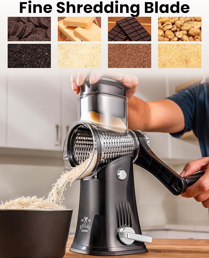 Zulay Kitchen Rotary Cheese Grater 5 Blade Cheese Shredder - Manual Hand Crank Cheese Grater With Reinforced Suction & 5 Interchangeable Drums - Easy to Use, Vegetable Chopper Round Mandoline Slicer