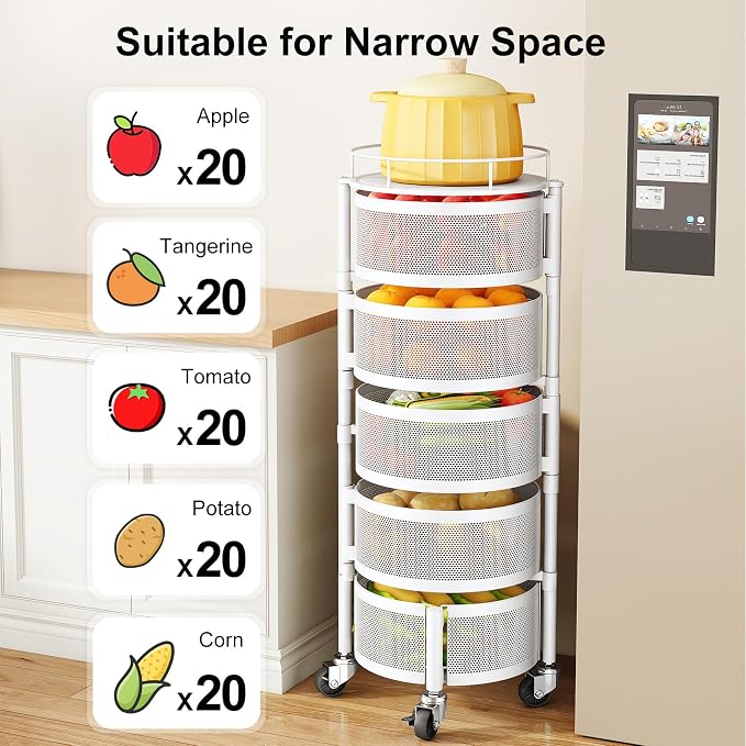 SAYZH 5 Tier Fruit Vegetable Basket Stand for Kitchen, Rotating, White | Rolling Storage Cart with top lid, Large Metal Wire Rack for Potato and Onion Storage