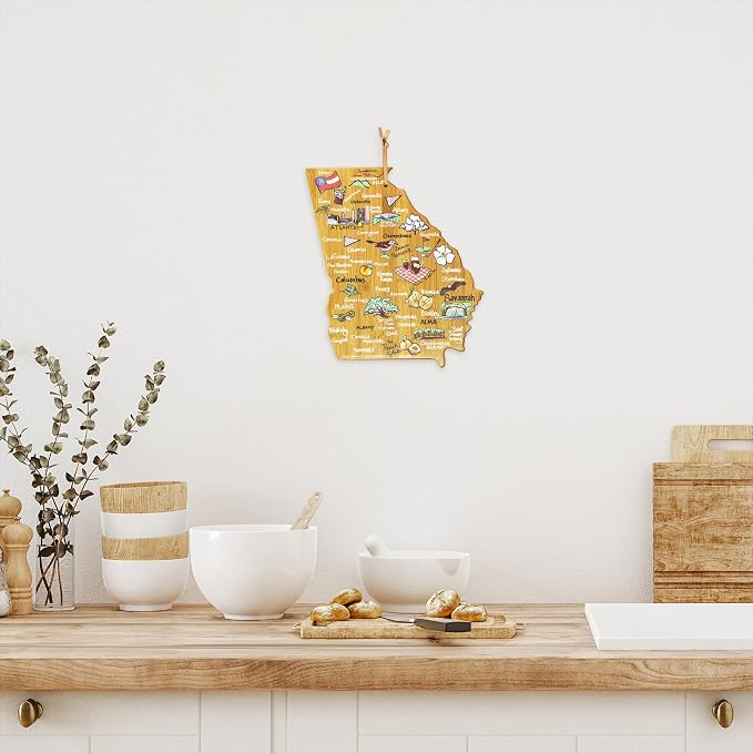 Totally Bamboo Georgia State Shaped Cutting Board, Art by Fish Kiss | State charcuterie board with colorful hand-drawn map artwork. Smooth reverse side for food prep. Hang tie for wall display.