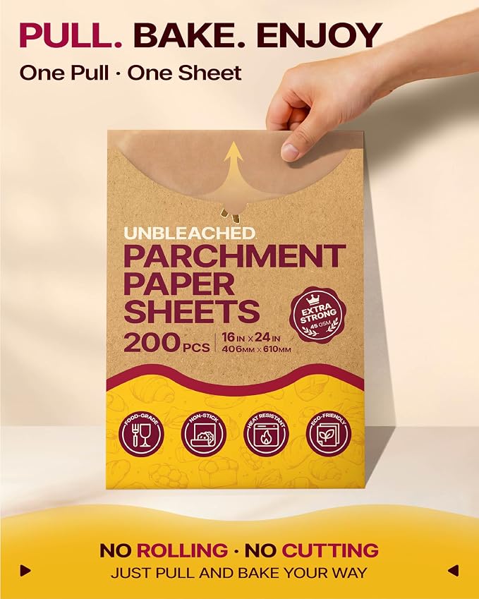 Katbite 200 Pcs Parchment Paper Baking Sheets, 16x24 Inch, Heavy Duty | Unbleached precut Non-Stick full sheet paper, ideal for ovens, cooking, grilling and air fryers