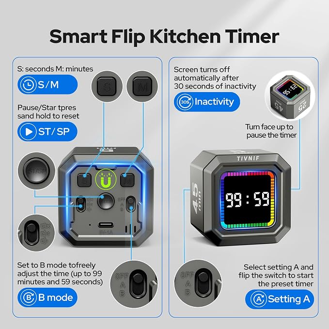 Kitchen Timer Visual Timer for Kids Color Display Gravity Sensor Cube | Digital Pomodoro Timer with Loud Alarm, Magnetic Back, Easy Use for Cooking, Classroom, Study & Productivity
