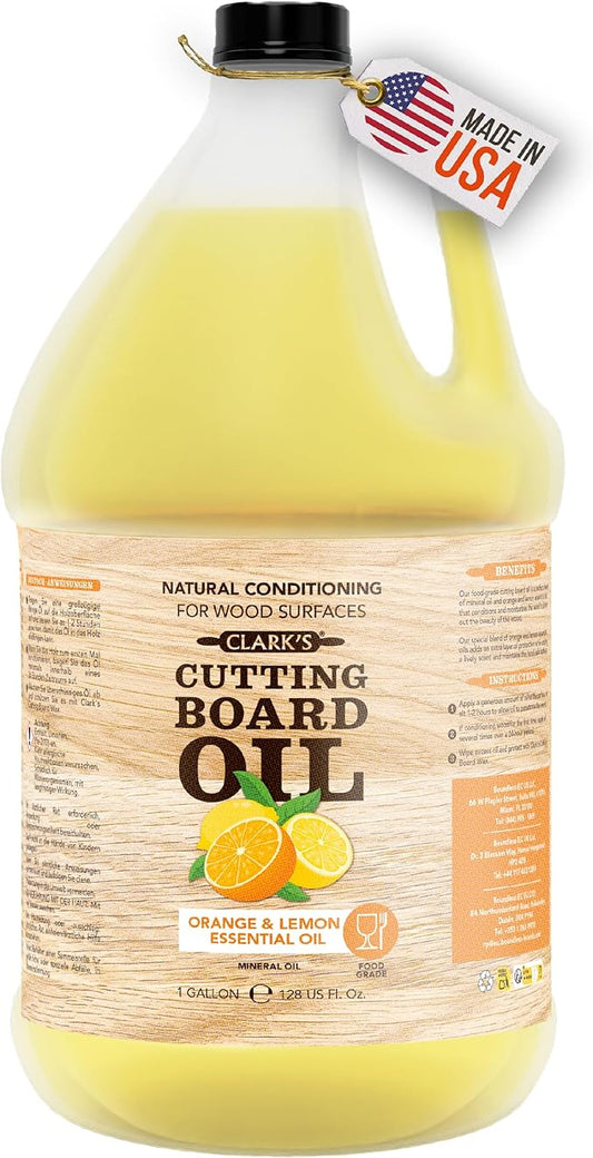 CLARK's Cutting Board Oil 128 oz, Food Grade Mineral Oil with Citrus Scent | Mineral Oil for Wood Cutting Boards, Butcher Blocks, Utensils, Lubricant for Knives. Soak for 2-3 Hours for Optimal Finish