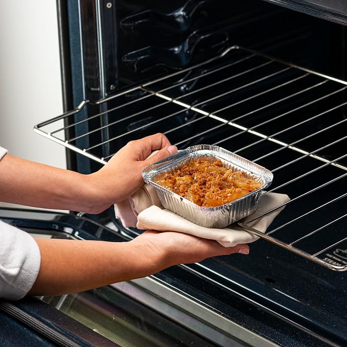 GUSTO 1 lb Disposable Aluminum Foil Takeout Pans with Clear Dome Lids, 5" x 4" – [100 Count] Great for Baking, Cooking, Storage, and Freezing (Formerly Comfy Package)