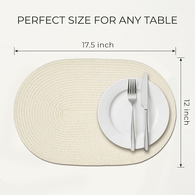 Placemats Set of 6, Woven Oval Braided Dining Table Mats(Cream White) | 12 x 17.5 Inch Size Fits Plates and Flatware; Hand Washable and Heat Resistant for Kitchen Use, with Farmhouse and Boho Style
