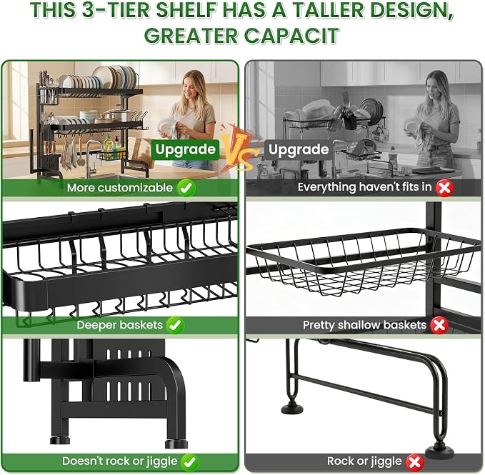 Over The Sink Dish Drying Rack, Adjustable 3 Tier Large Capacity Stainless Steel Drainer with Cutlery/Utensil/Cup Holder Hooks, Kitchen Storage & Organization, 25"-38" L x 11" W x 37.5" H, Black