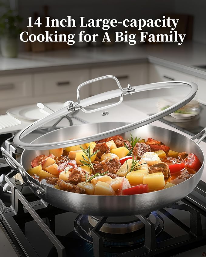 14-Inch Tri-Ply Stainless Steel Frying Pan with Lid | Large Size | Detachable Handle | Induction Compatible | Oven & Dishwasher Safe | Ideal for Frying, Sautéing & Simmering | Serves for 4-8