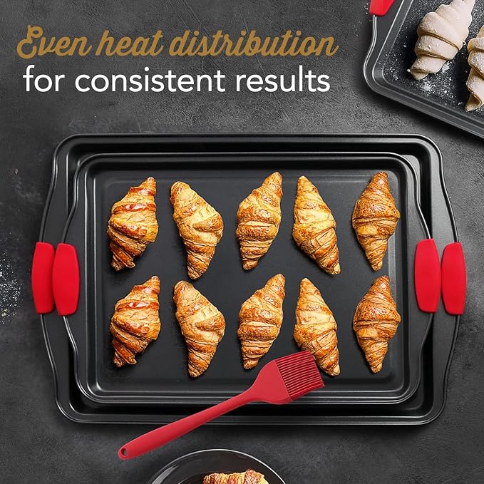 Baking Sheet Set - Cookie Sheet Set with Silicone Handles - Steel Baking Pans Set - Durable Baking Sheets for Oven - BPA Free Cookie Sheets for Baking Nonstick Set - 15 Piece Set, Black