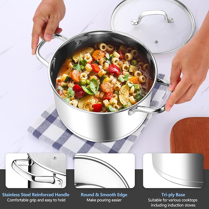 Homikit 5 Quart Stock Pot, Stainless Steel Soup Cooking Pot with Lid for Pasta Sauce Simmering Steaming Stewing, Tri-ply Heavy Bottom Induction Pot, Dishwasher Safe