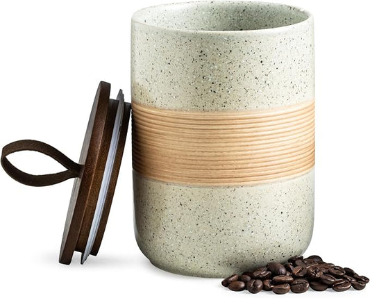 Miamolo Coffee Container, Kitchen Coffee Canister with Lid for Countertop | Decorative Jar with Airtight Lid, Wood Top for Grounds Beans | Coffee Accessories, Farmhouse Kitchen Decor | Beige & 28 fl.oz