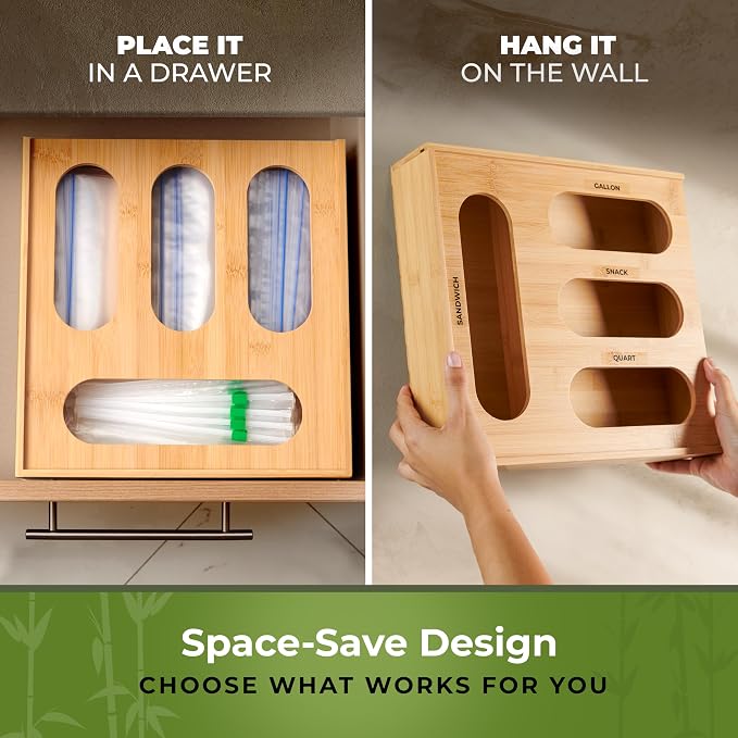 Bamboo Storage Bag Organizer for Drawer – Plastic Bag Organizer for Kitchen | Single Block Design, Quick Refill Slider – Fits Half Gallon, Quart & Snack Size Bags