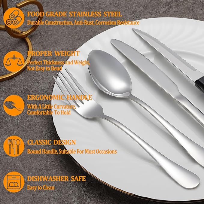 48 Pcs Silverware Set with Steak Knives for 8, Stainless Steel Flatware Set, Mirror Polished Cutlery Utensil Sets, Home Kitchen Eating Tableware Sets, Dishwasher Safe