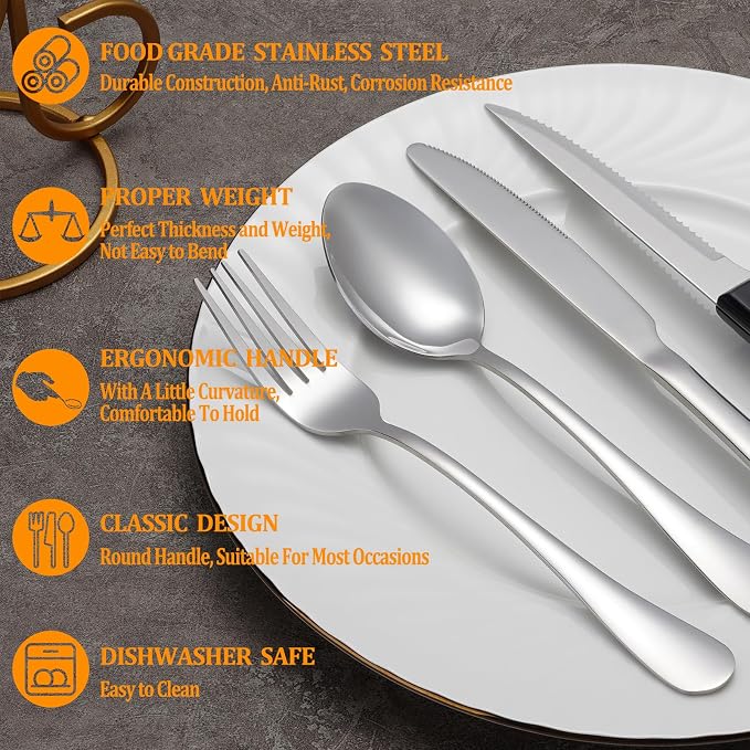 36 Pcs Silverware Set with Steak Knives for 6, Stainless Steel Flatware Set, Mirror Polished Cutlery Utensil Sets, Home Kitchen Eating Tableware Sets, Dishwasher Safe