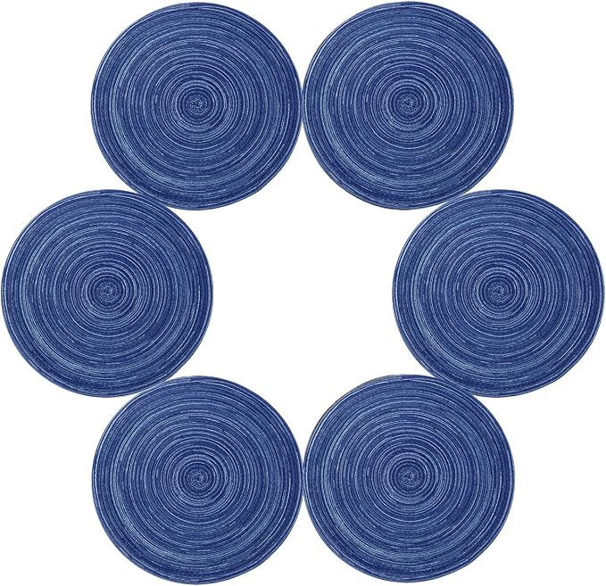 Topotdor 14 Inch Round Placemats Heat-Resistant Stain Resistant Anti-Skid Washable Polyproplene Table Mats Placemats (Set of 6, Blue)