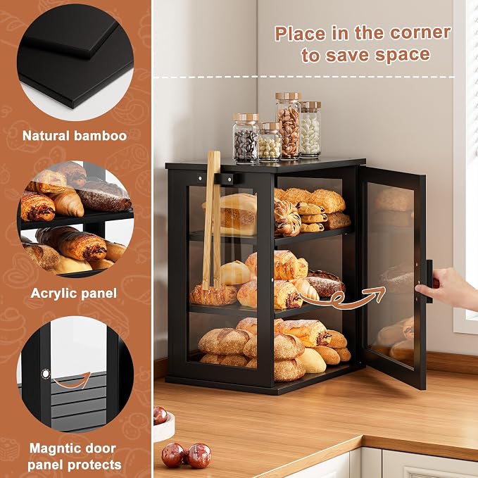 WOWLIVE Bread Box for Kitchen Countertop, 3 Layers Bread Storage Container | Large Bamboo Bread Bin for Homemade Bread with Window, Farmhouse Breadbox Organizer for Kitchen, Cabinet, Black, Meduim