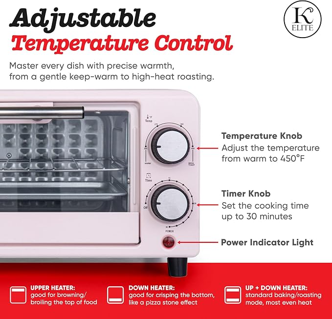 Kitchen Elite 4-Slice Countertop Toaster Oven, Stainless Steel Tray, Pink