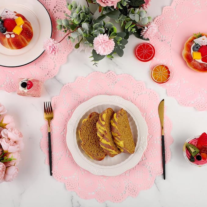 MCEAST 100 Pack Round Pink Paper Doilies 13.5 Inches Lace Paper Place Mats Rustic Scallop Doily Disposable Table Pads for Food Cakes Crafts Party Weddings Tableware Decor