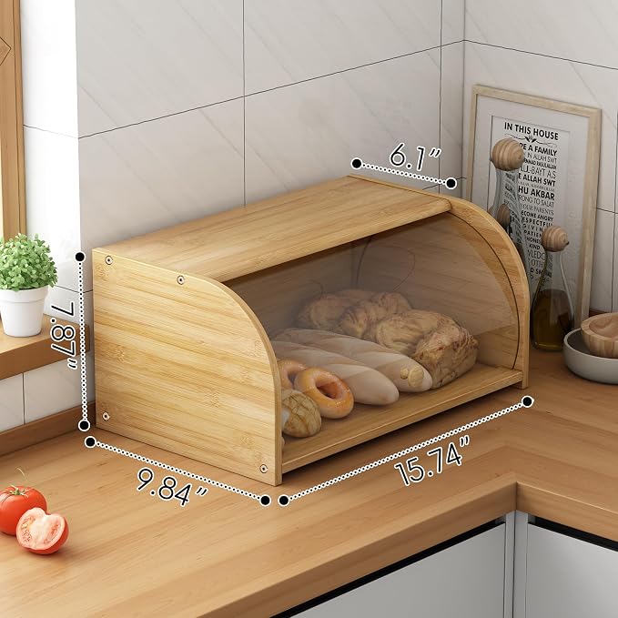 Roll Top Bread Box for Kitchen Countertop with Clear Lid | Natural bamboo, clear roll-top lid. Airtight small breadbox. Fits homemade loaves, bagels, pastries. Easy assembly.