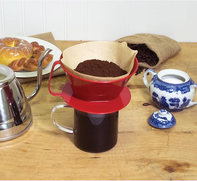 Fino Pour-Over Coffee Brewing Filter Cone, Number 4-Size, Red, Brews 8 to 12-Cups, Set of 2