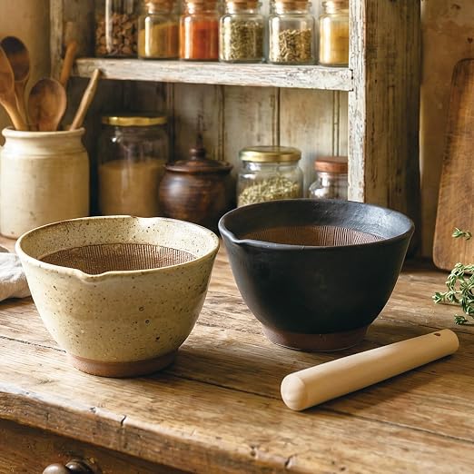 Asayu Japanese Ceramic Grey Mortar Bowl with Wooden Pestle 6.3 in (160 mm), Made in Japan Dishwasher and Microwave Safe Ripple Ridge Suribachi and Sukirogi Set