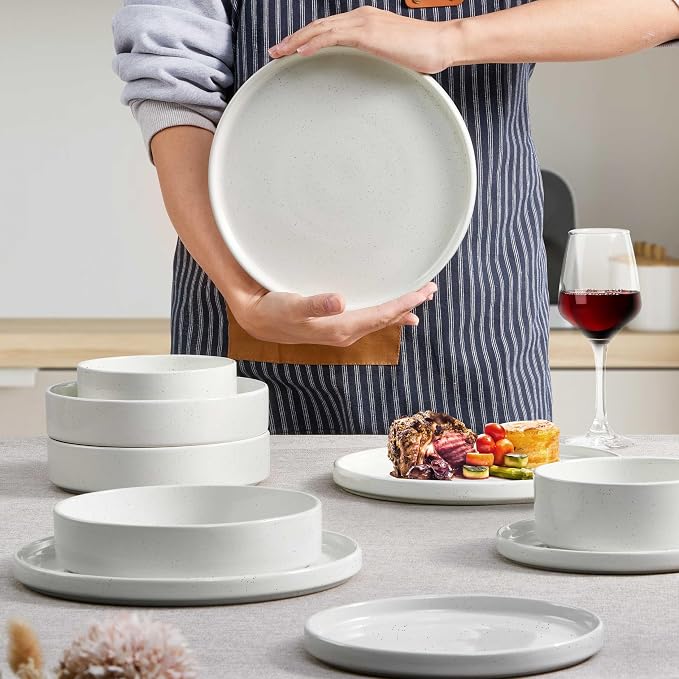 Herogo 24 Piece Dinnerware Sets with Pasta Bowls for 6, Dinner Salad Plates and Cereal Serving Bowls, Stoneware Dishes Dinner Ware for Kitchen Dining, Dishwasher & Microwave Safe, Speckled White