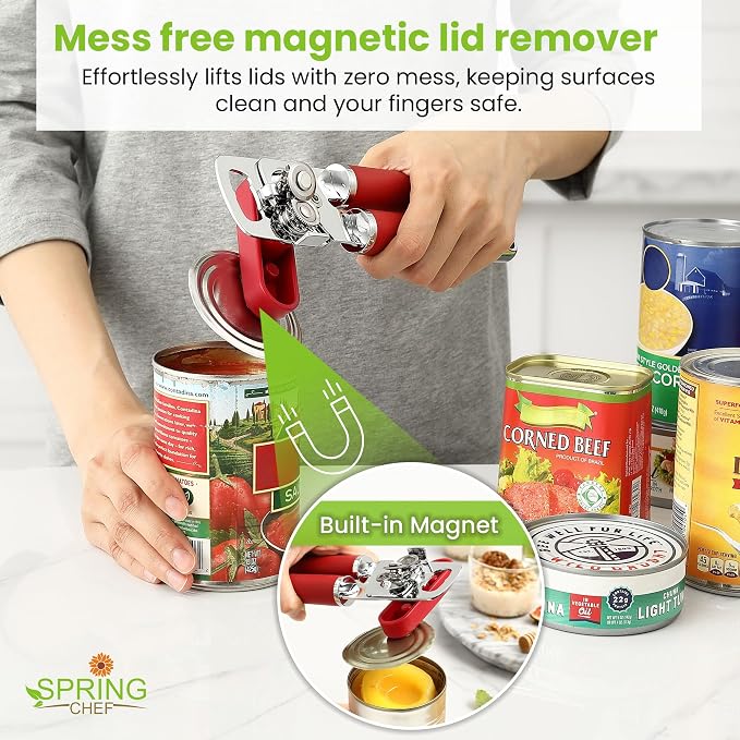 Spring Chef Stainless Steel Manual Can Opener with Soft Grip Handles, Red | Heavy Duty Hand Can Opener for Seniors with Smooth Edge, Easy Turn, 3in1 Can Opener with Magnetic Lid Remover & Bottle Opener