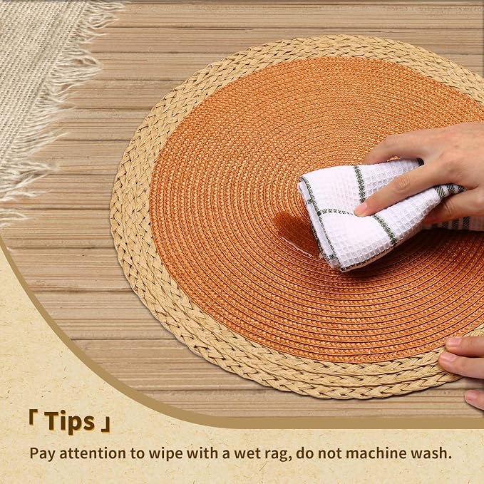 Round Placemats Set of 6, Woven Table Mats, Wide Edge, Orange | Braided Paper Edge, 15 Inch Diameter, Fits Dinner Plate and Flatware, Wipeable, Heat Resistant, Indoor Dining, Outdoor Patio