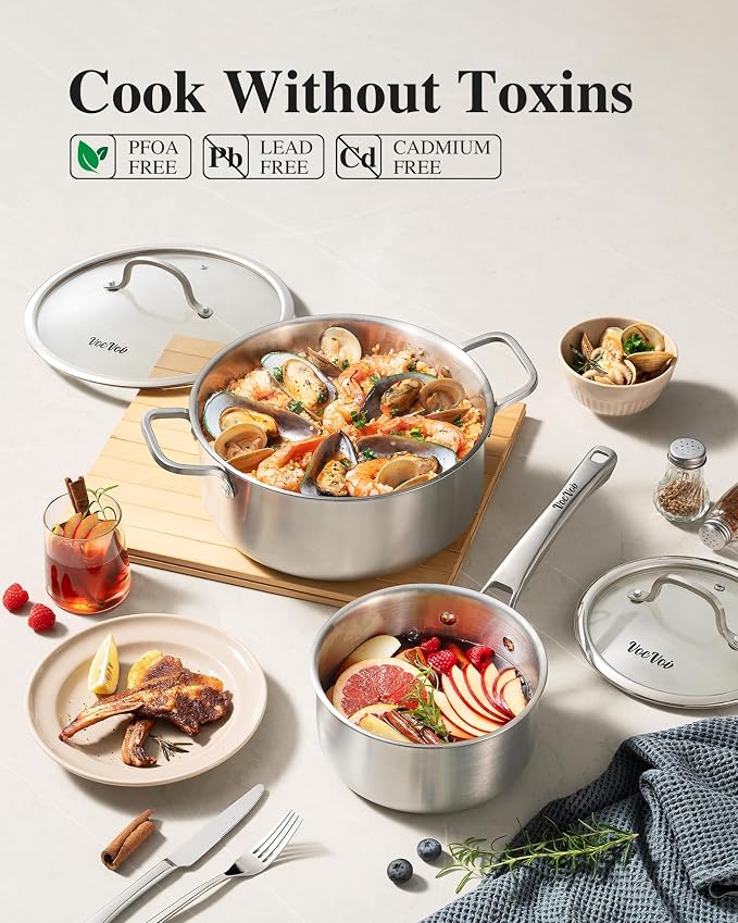 Stainless Steel Pans, Stainless Steel Cookware Set, 8/10/12 Inch with Lid, PFOA & PTFE Free Skillets, Non Toxic Chef's Pan Set, Frying Pans for Cooking, Oven & Dishwasher Safe, Induction Compatible