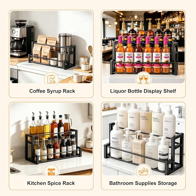 Gifhomfix Expandable Coffee Syrup Organizer, 2-Tier Heavy Duty Syrup Stand Holds 6 to 12 Syrup Bottles for Coffee Bar Accessories, Adjustable Width Bar Shelf, Wine Holder Countertop for Syrup, Wine