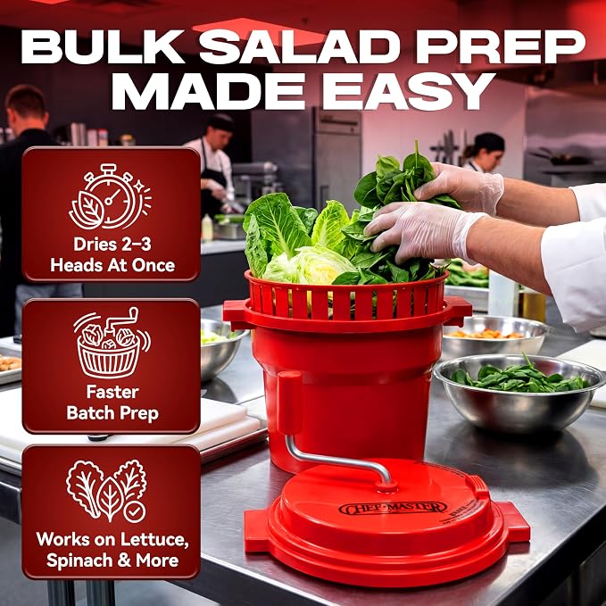 2.5 Gallon Chef Master Commercial Salad Spinner Dryer – Manual Lettuce Spinner and Fruit Washer Bowl with Strainer - Sealed Gearbox, Built In Brake System - Durable Spinner Mechanism - 90012