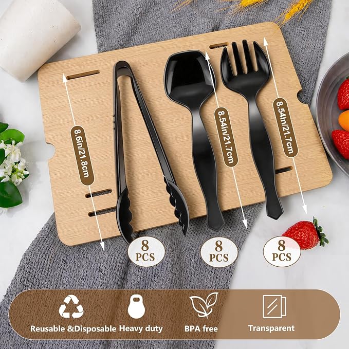 Mwellewm 24Pcs Plastic Serving Utensils for Party Large Serving Spoons for Buffet Disposable Plastic Tongs Set Heavy Duty Slotted Spoons/Forks Supplies for Food Salad Soup Cooking Catering(Black)