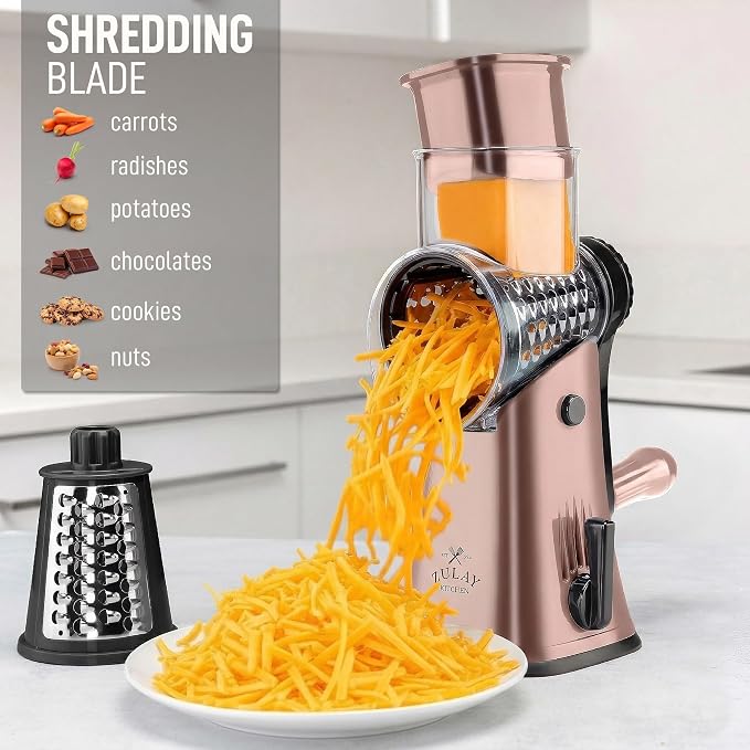 Zulay Kitchen Rotary Cheese Grater 5 Blade Cheese Shredder - Manual Hand Crank Cheese Grater With Reinforced Suction & 5 Interchangeable Drums - Easy to Use, Vegetable Chopper Round Mandoline Slicer