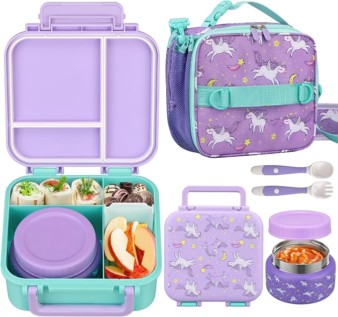 Kids Lunch Box Set with Bento Box, 9oz Stainless Steel Thermo & Insulated Lunch Bag – Hot & Cold Leakproof Lunch Container with Utensils for School & Travel