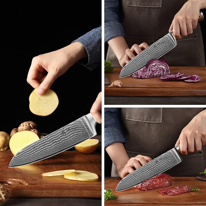 Wakoli EDIB 3-Piece Damascus Kitchen Knife Set in Wooden Gift Box | VG10 Core, 67-Layer Genuine Damascus Steel, 60 ± 2 HRC, Santoku, Utility and Paring Knife, Pakkawood Handles