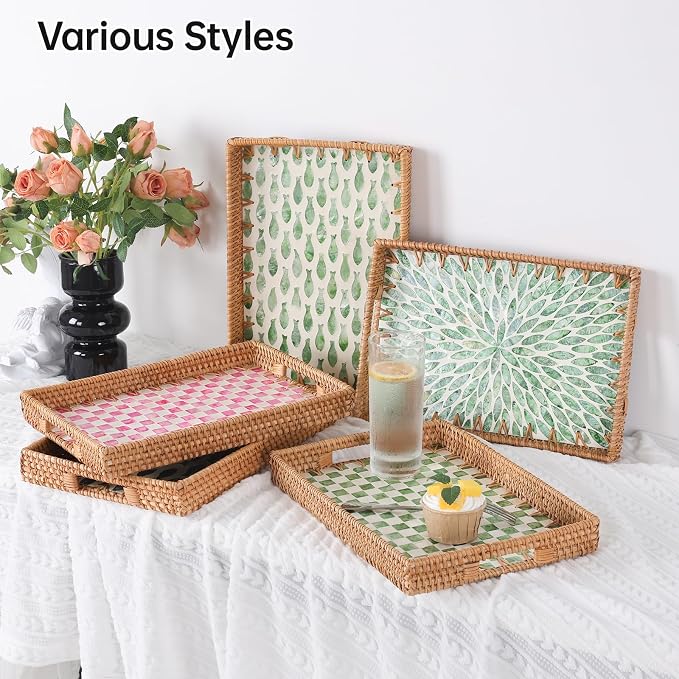 Rectangle Rattan Tray with Mother of Pearl Inlay, Rattan Serving Tray with Handle for Coffee, Bread, Fruits, Snacks, Decorative Wicker Tray for Table Decor (Rectangle Green Leaf, 13"×9")