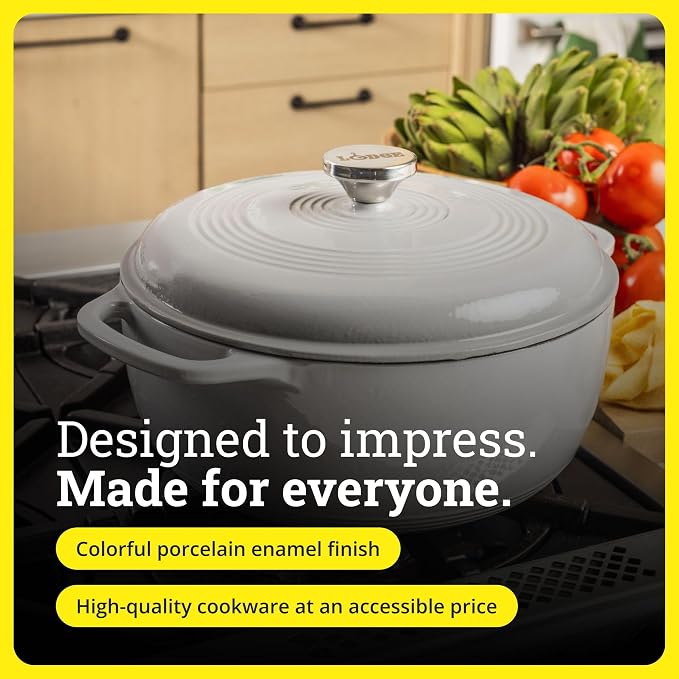 Lodge Essential Enamel Cast Iron Dutch Oven 6 Quarts - Perfect for Bread Baking, Braising, Marinating & Slow Cooking, Features Moisture-Sealing Lid & Dual Handles, Kitchen Essentials, Oyster White