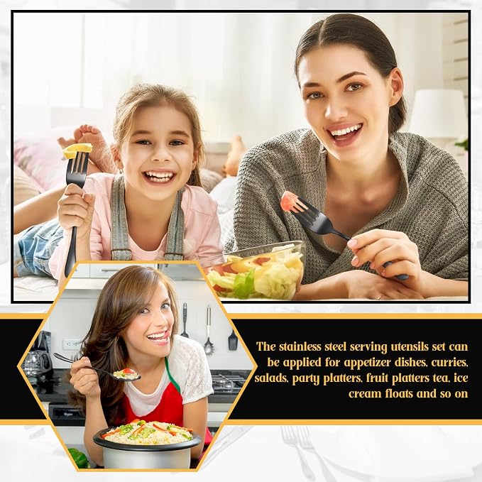 19 Pcs Serving Utensils Set Stainless Steel Tongs,Black | Includes Spatulas Forks Spoons Perforated Skimmers, Parties Buffet Professional Kitchen Tools Home Gatherings Events