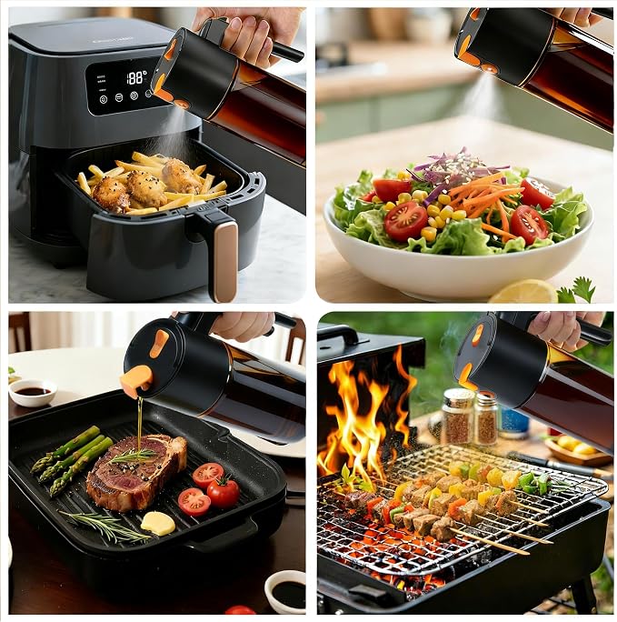 17oz/500ml Leak-Proof Glass Olive Oil Sprayer for Cooking, Fine Mist & Pour | 2 in 1 Oil Dispenser and Sprayer, Switch Between Fine Mist & Precision Pour for Air Fryer, BBQ, Salad, Baking - Black