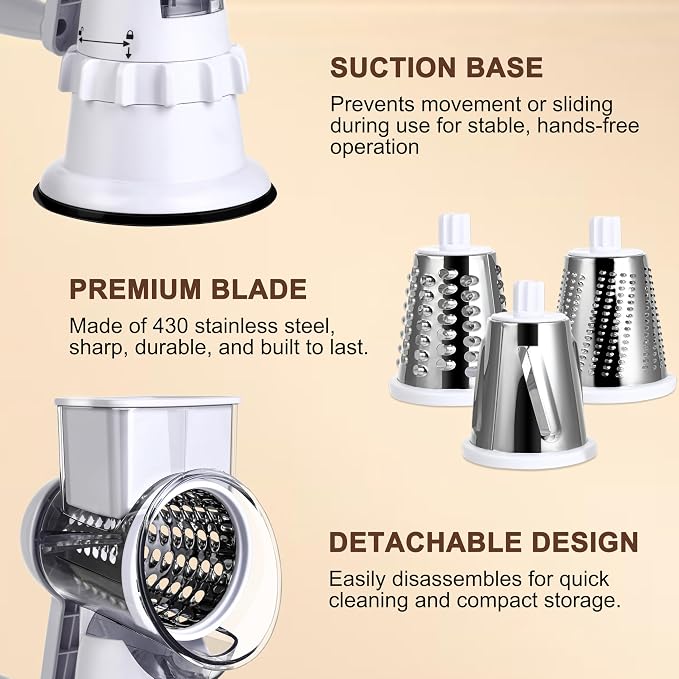 Rotary Cheese Grater Hand Crank, Vegetable Slicer with 3 Blades, Stable Suction, Labor-Saving Handle, Cheese Shredder for Potato Vegetables Nuts Chocolate, White