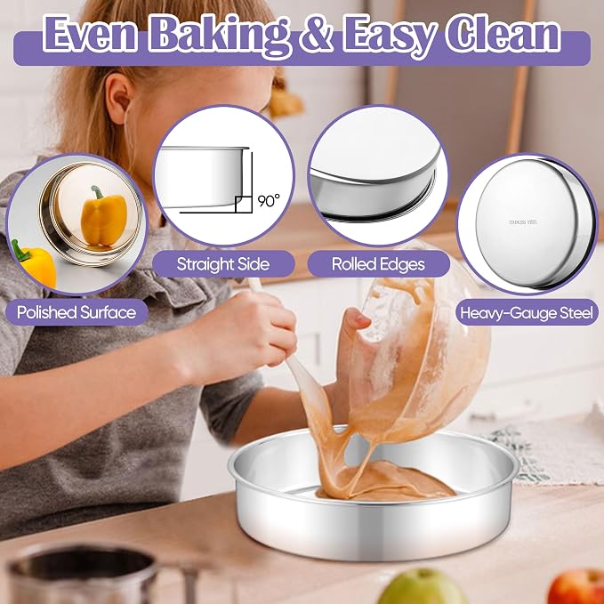 E-far 9 Inch Round Cake Pan, 2-Piece Stainless Steel Round Baking Mold Tins | Non-Toxic & Leak-Proof for Birthday Wedding Layer Tiered Cake, Easy Clean & Dishwasher Safe