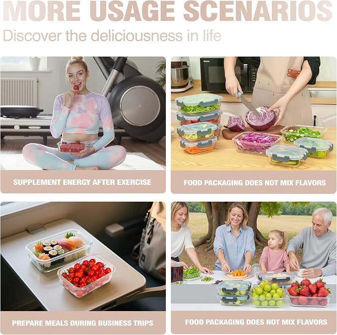 10-Pack Glass Food Storage Container with Lids, Gray | Glass Meal Prep Containers with Lids, Airtight Lunch Bento Boxes,Microwave, Oven, Freezer and Dishwasher Friendly, BPA Free