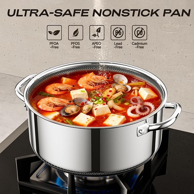 Hybrid Nonstick 2-Quart Stockpot,8 Inch Stainless Steel Stockpot with Glass Lid,PFAS PFOA PTFE Free, Dishwasher-Friendly, Oven-Safe Up to 600°F,Non-stick Soup Pot Compatible with All Cooktops