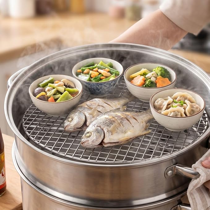 TrueCraftware- 14-3/4” Round Steamer Rack Cooling Rack Nickel Plated- Steamer Insert Steaming Rack Steam Tray Multi-functional Steamer Basket Cookware Veggie Fish Seafood Cooking
