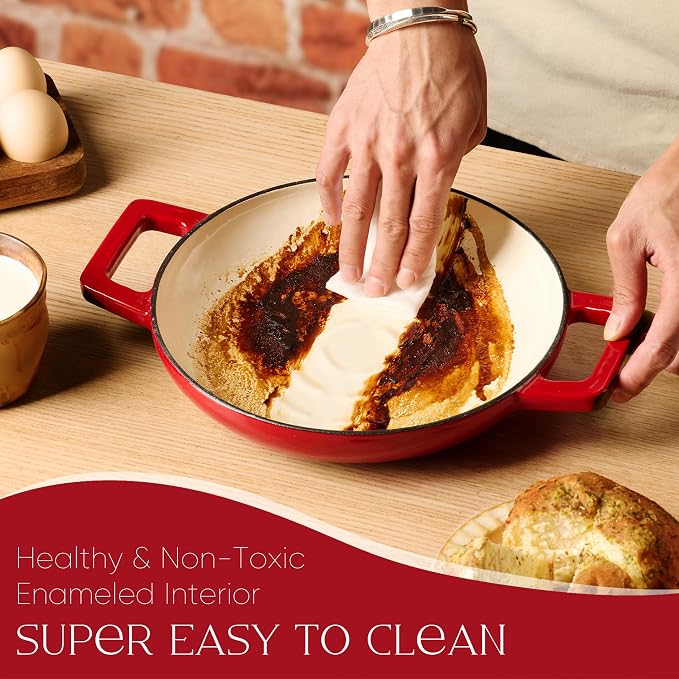 CAROTE 5QT Enameled Cast Iron Dutch Oven, Red Round Bread Oven | Homemade Sourdough Bread Baking, Healthy & Non-Toxic, Dual Handles, All Stovetop Compatible, Oven Safe up to 500° F