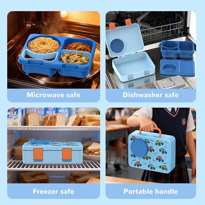 Bento Lunch Box for Kids Adult, Leakproof 3-4 Compartment Bento Box Set with Insulated Food Jar,Water Bottle, Lunch Bag, School Lunch Container for Toddler Teen Girls Boys Ages 3+(Vehicle)